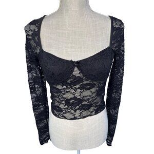 Black Lace Long Sleeve Cropped Top S With Sweetheart Neckline & Sheer Floral Pat